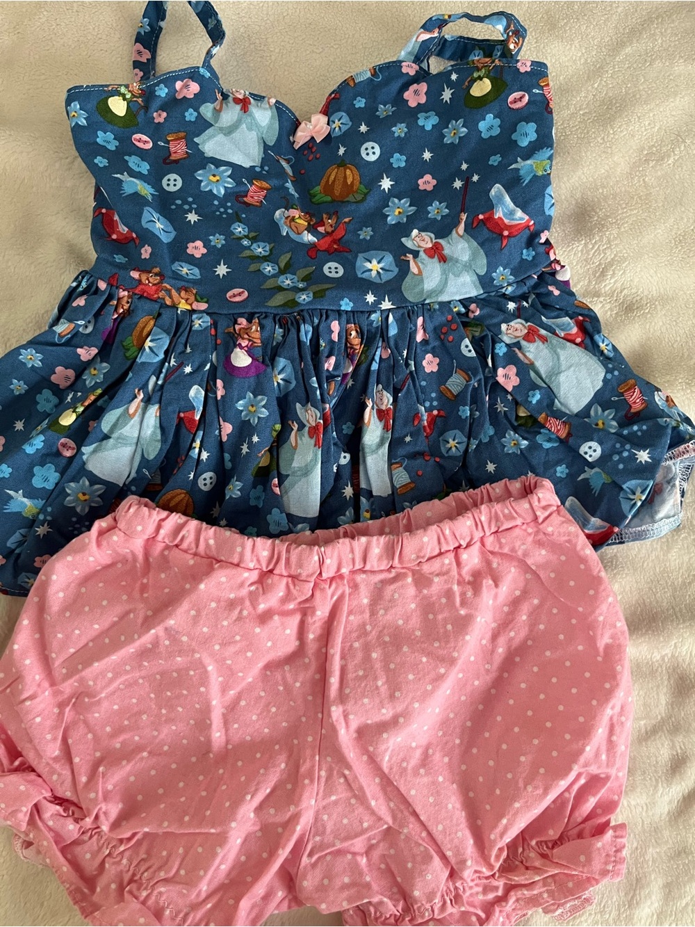 Cinderella Print Blue Sundress & Pink Polka Dot Bloomers - Kids Matching Set